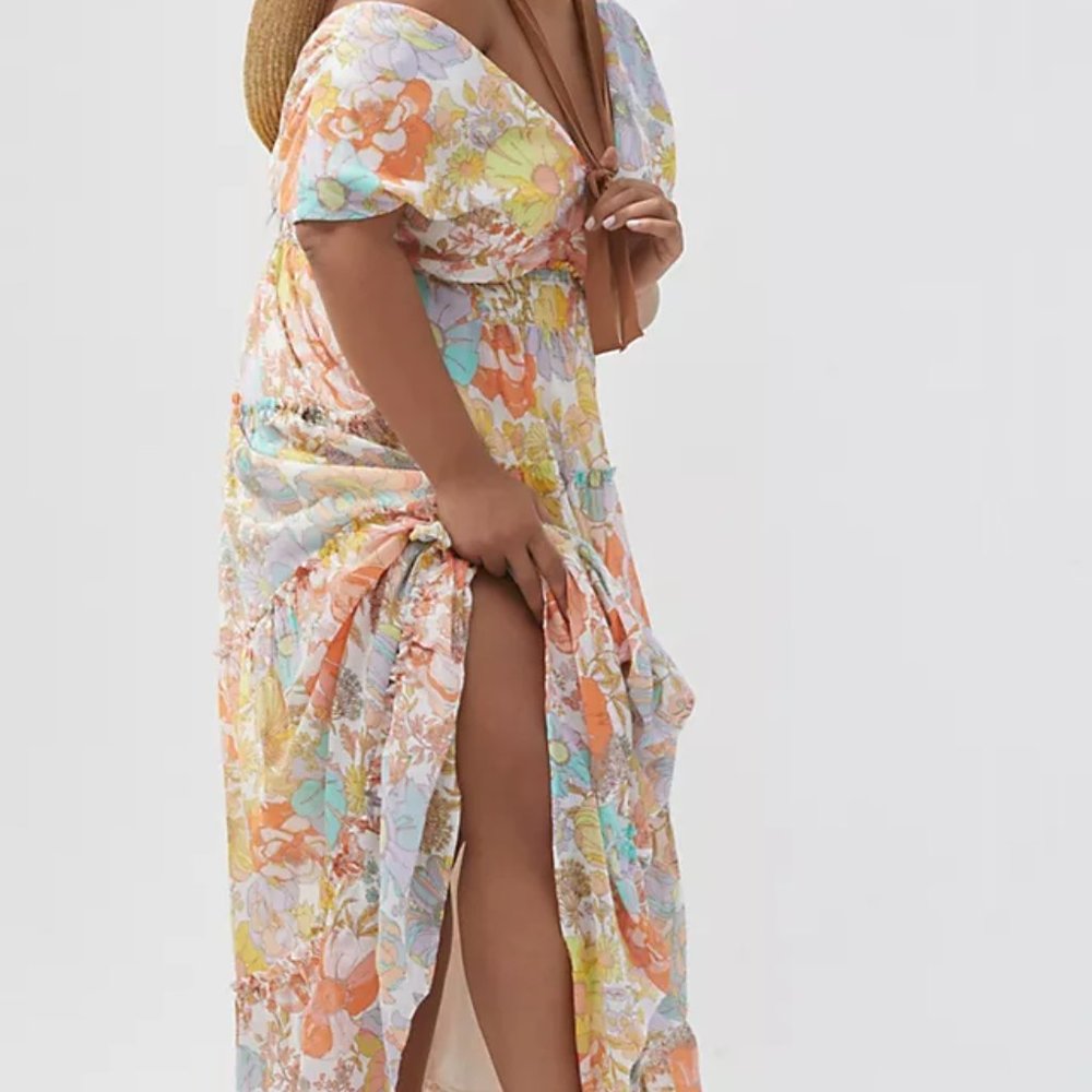 Anthropologie Floral Flutter Maxi Dress in Peach, Yellow & Mint